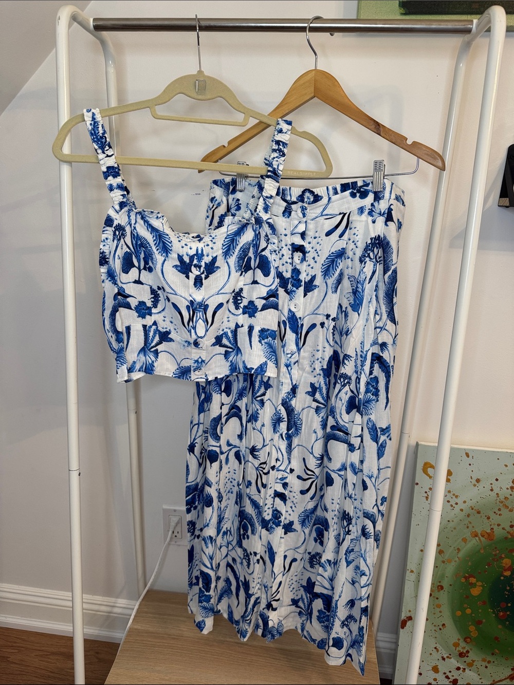 Simple Blue & White Floral Wide Leg Jumpsuit Set